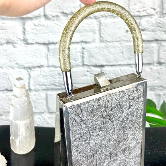 Vintage Chrome Lucite Purse Metallic Tinsel Retro 50s 60s Mod Mid-Century